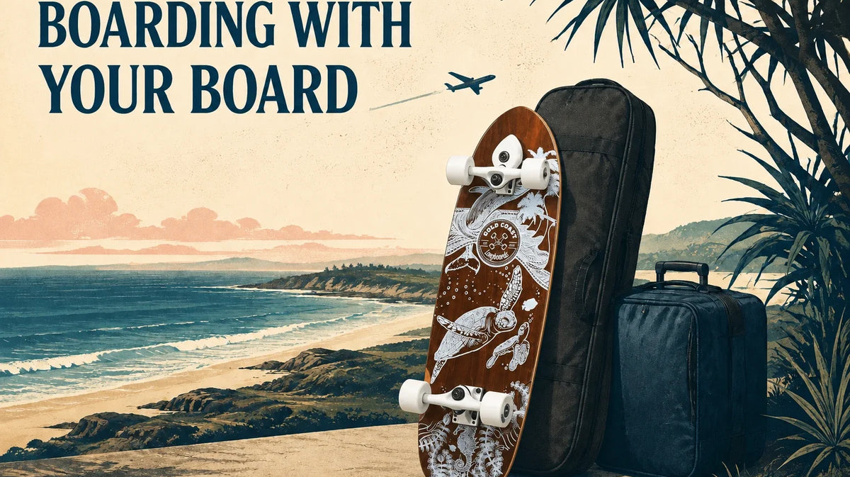 Boarding with your board: a Gold Coast Longboards Wanderlust surf skate beside a padded bag and suitcase.