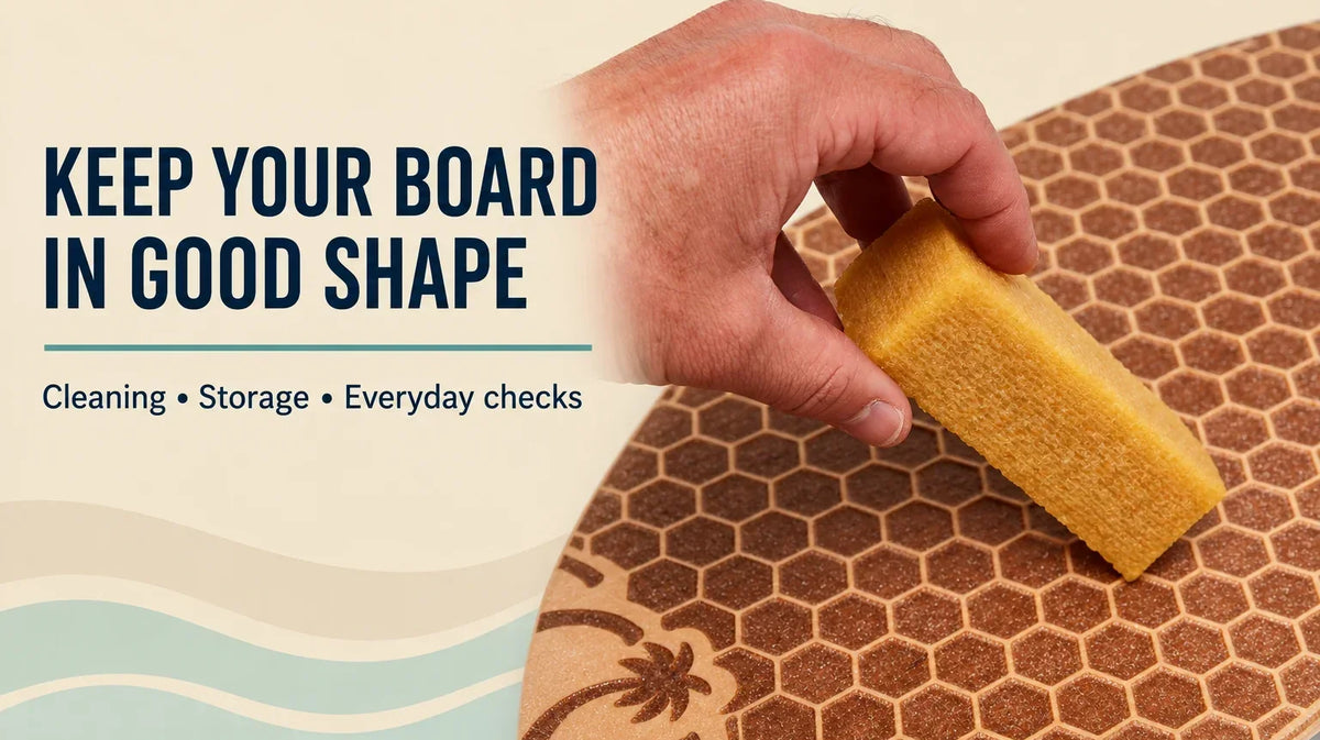 Keep your board in good shape: cleaning, storage and everyday checks. AI-assisted editorial cover using GCLB grip-cleaner photography.