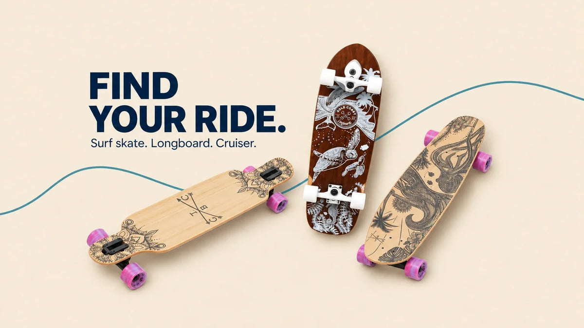 Find your ride: surf skate, longboard and cruiser. AI-assisted editorial cover using three GCLB product photographs; not a scale comparison.