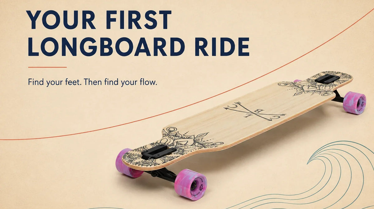 Your first longboard ride — find your feet, then find your flow. GCLB Wanderlust dropthrough longboard on a sand-coloured editorial graphic.