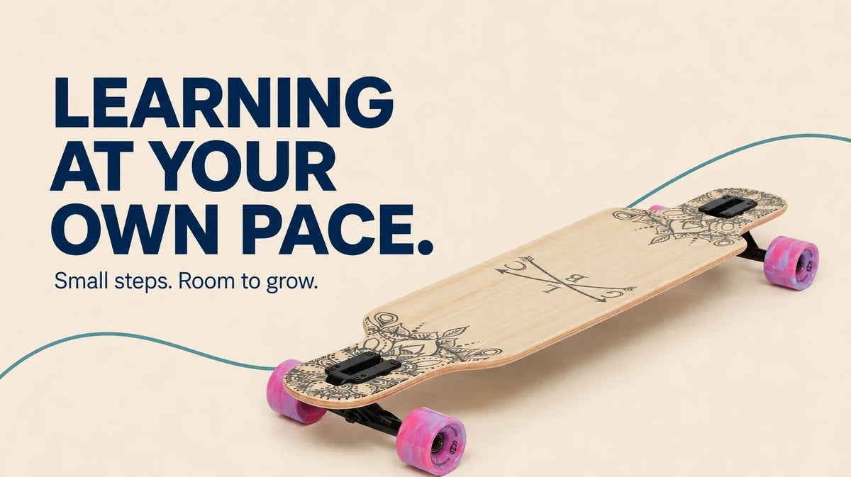 Learning at your own pace. AI-assisted editorial cover featuring a timber GCLB longboard with pink wheels.