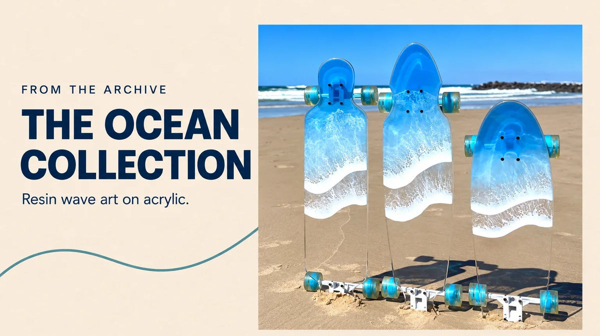 From the archive: the Ocean Collection. AI-assisted editorial layout based on original GCLB resin-wave acrylic board photography.
