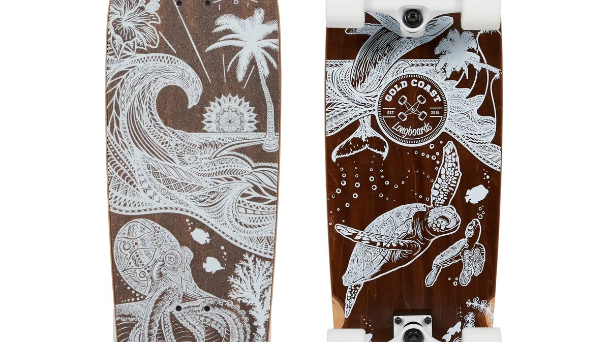 Original studio photograph showing the top and underside of a brown GCLB Wanderlust board with white artwork and wheels.
