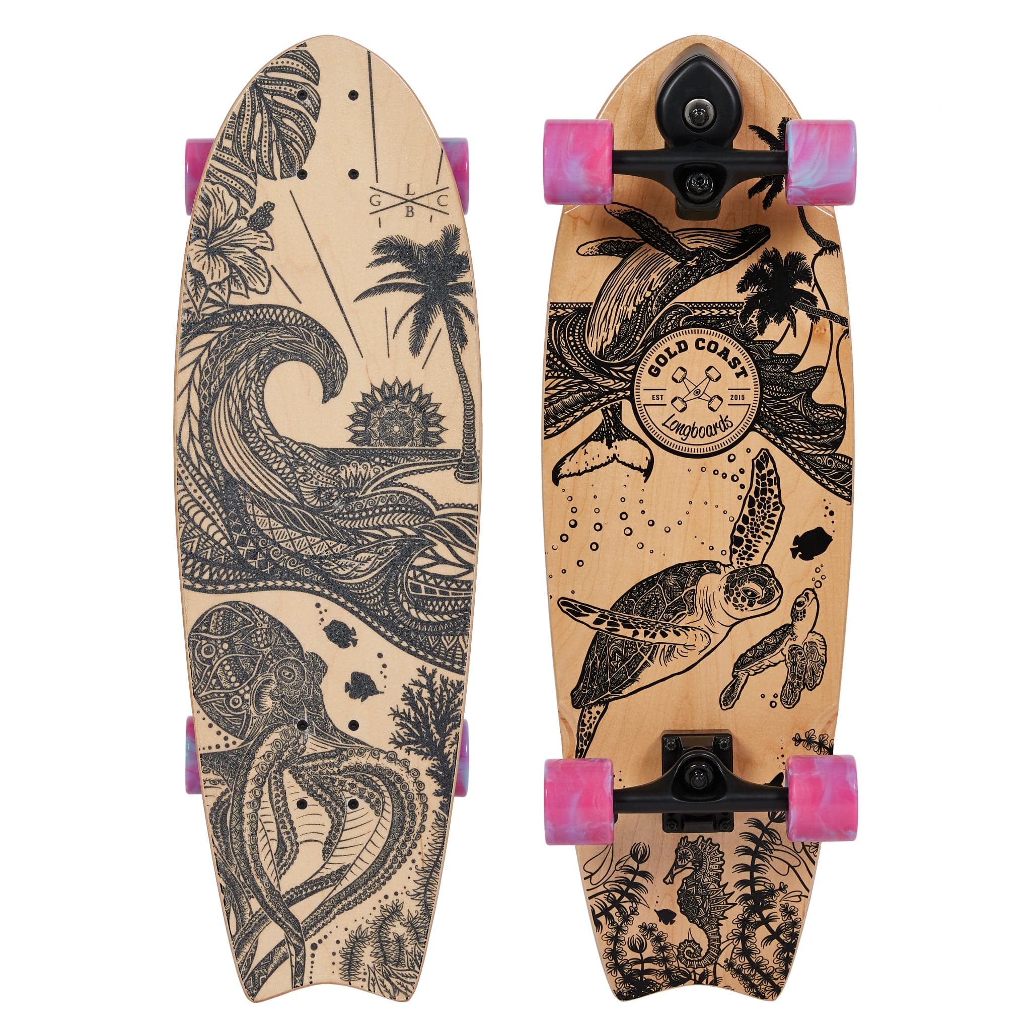 Gold Coast Longboards Surf Skateboard Thruster Surf Trucks / Pink Swirl Surf Skate 30" - Wanderlust Edition