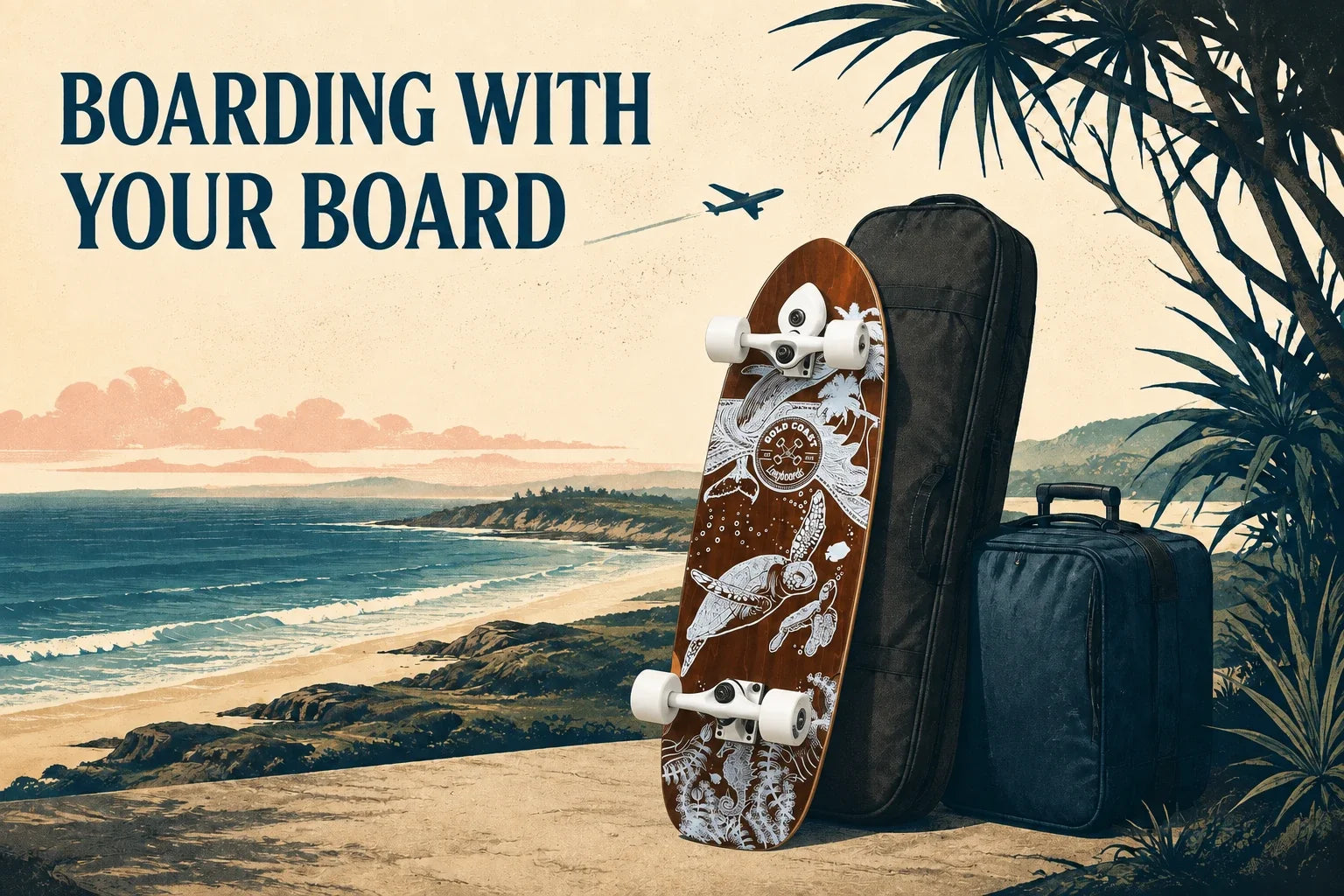 Boarding with your board: a Gold Coast Longboards Wanderlust surf skate beside a padded bag and suitcase.