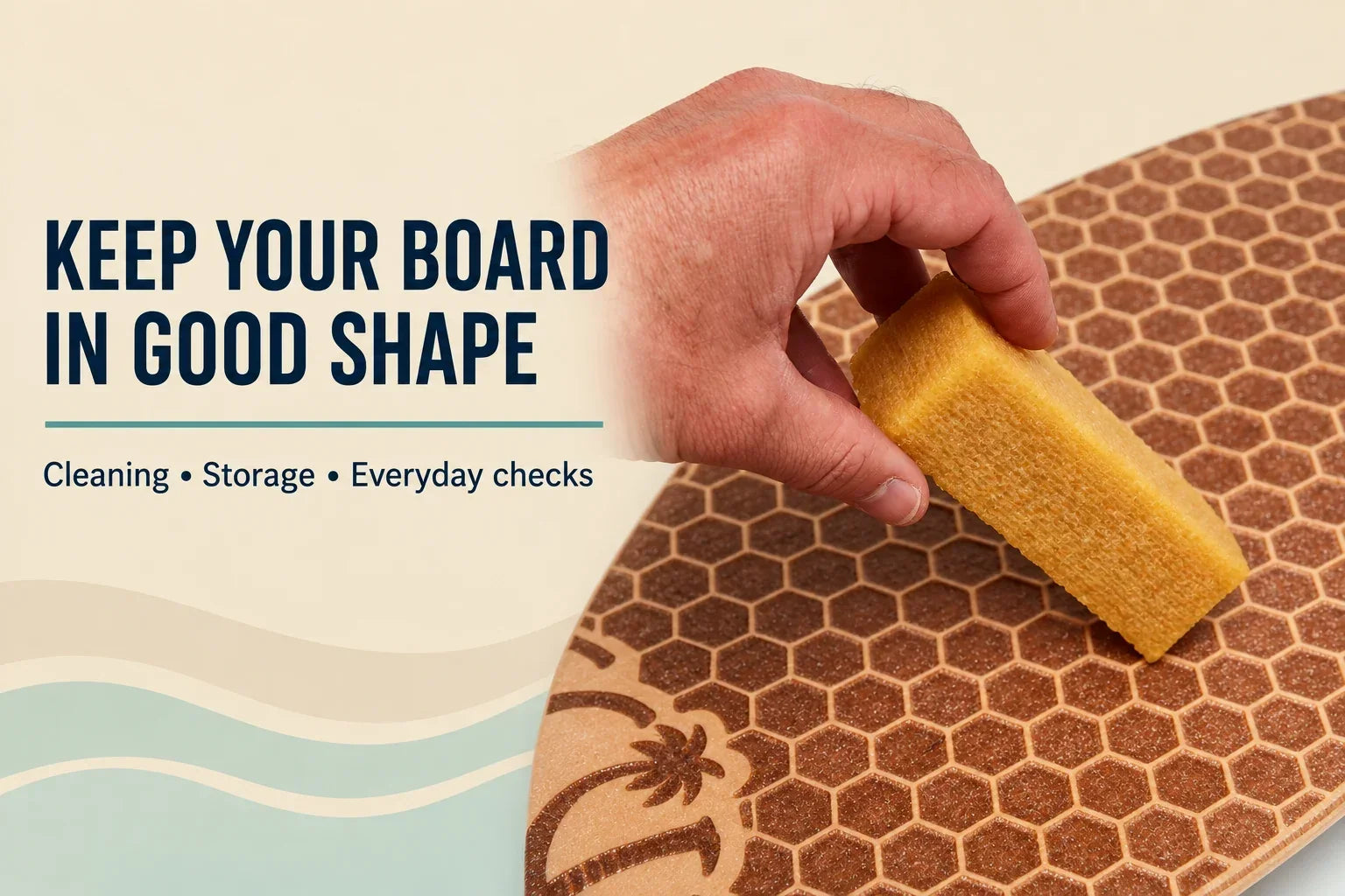 Keep your board in good shape: cleaning, storage and everyday checks. AI-assisted editorial cover using GCLB grip-cleaner photography.