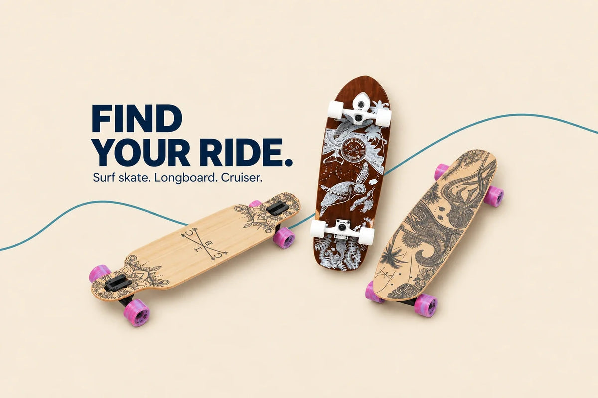Find your ride: surf skate, longboard and cruiser. AI-assisted editorial cover using three GCLB product photographs; not a scale comparison.