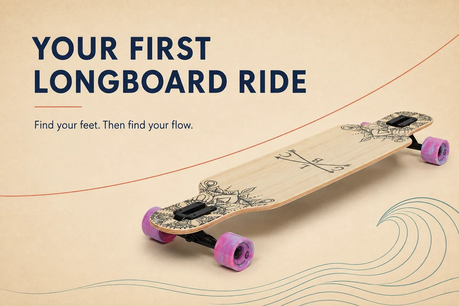 Your first longboard ride — find your feet, then find your flow. GCLB Wanderlust dropthrough longboard on a sand-coloured editorial graphic.