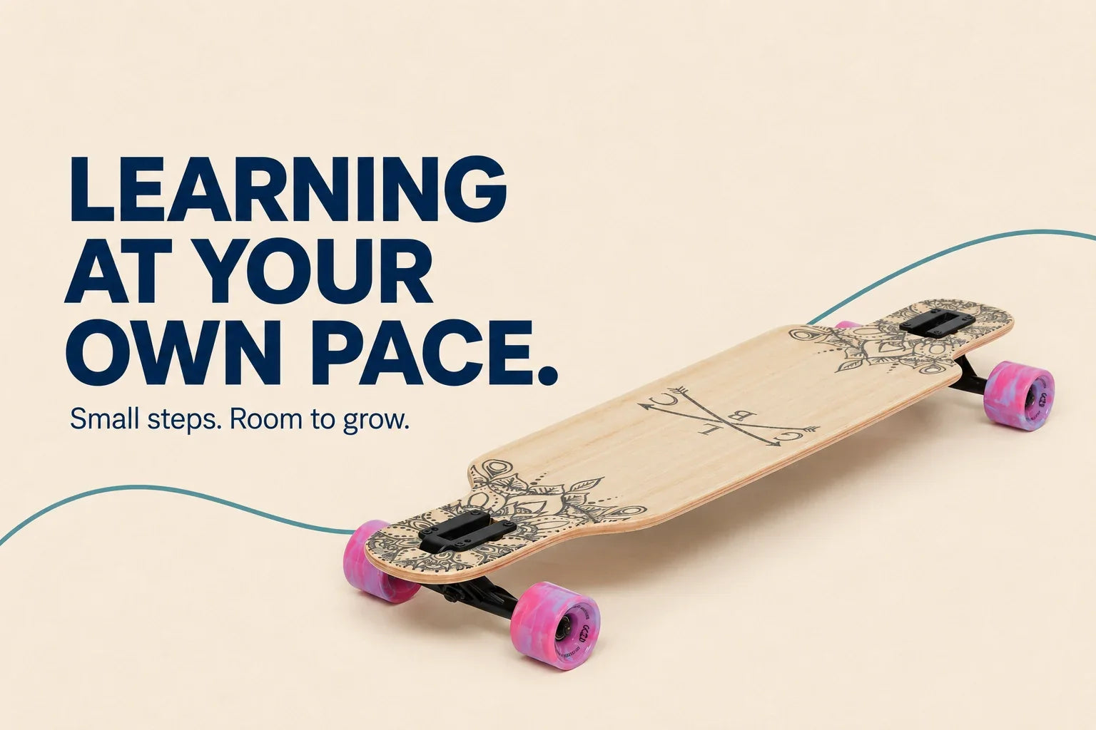 Learning at your own pace. AI-assisted editorial cover featuring a timber GCLB longboard with pink wheels.