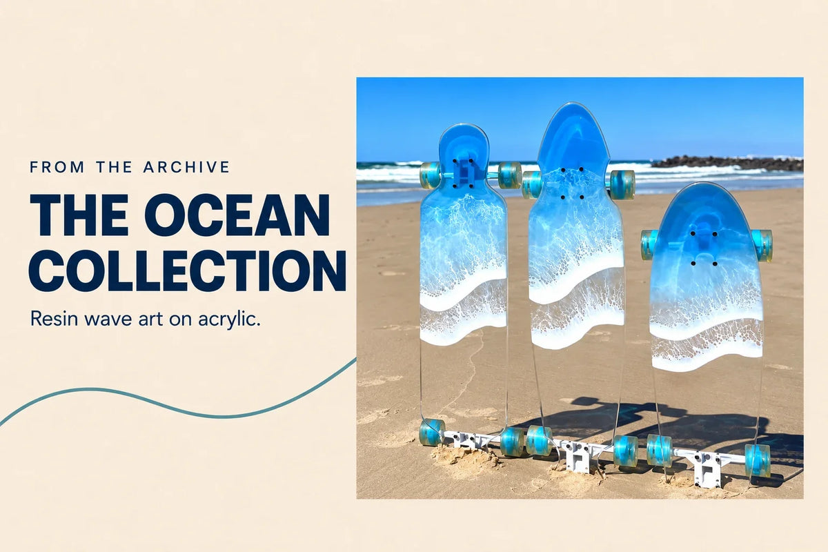 From the archive: the Ocean Collection. AI-assisted editorial layout based on original GCLB resin-wave acrylic board photography.
