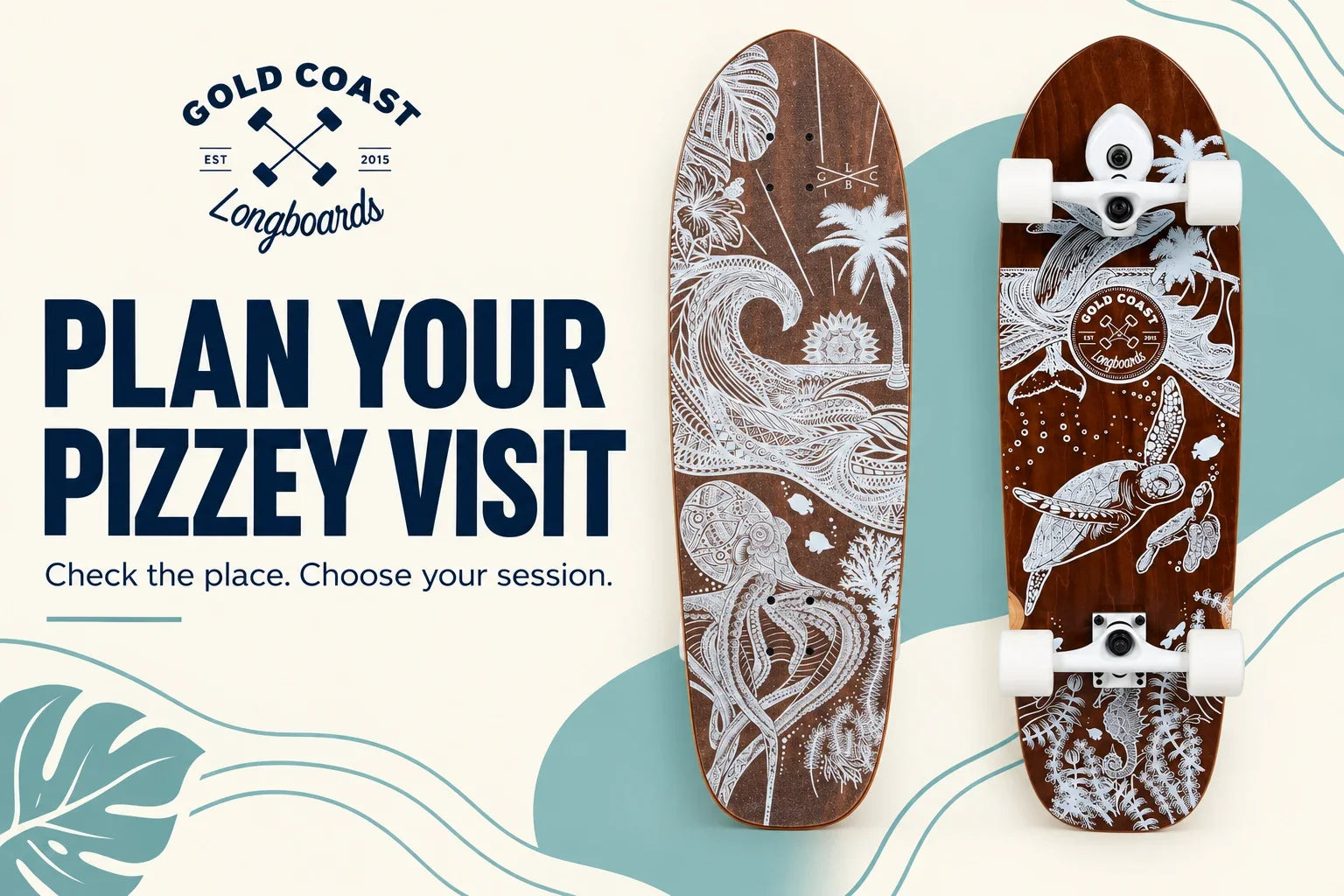 Plan your Pizzey visit: check the place, choose your session. Editorial cover with a GCLB Wanderlust board, not a venue photograph.