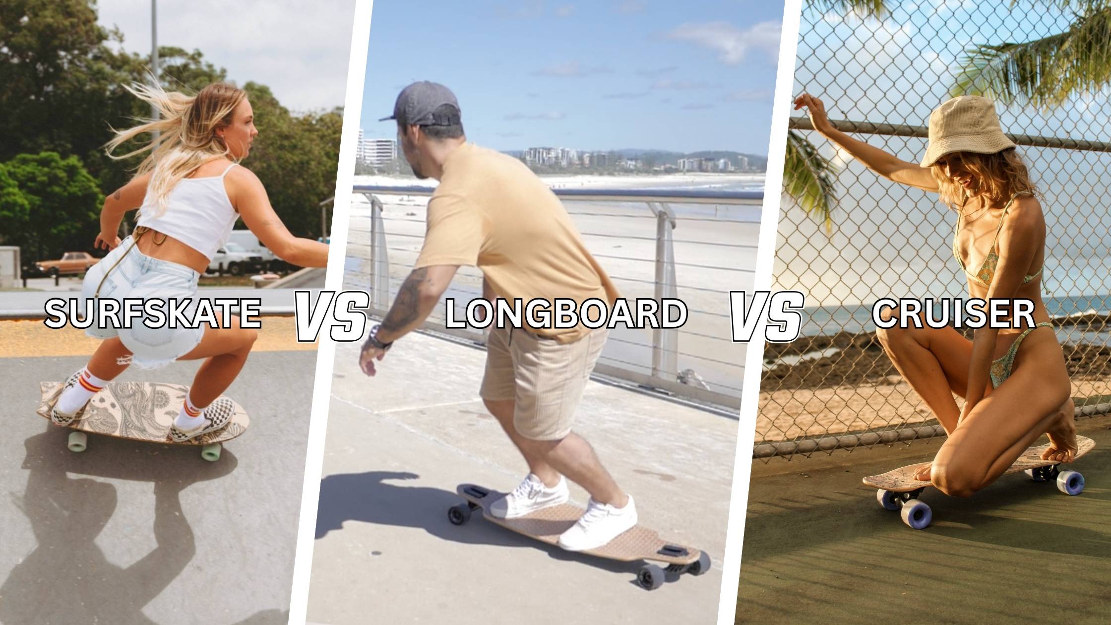 Three-part GCLB collage showing surf skate, longboard and cruiser riding and lifestyle scenes.