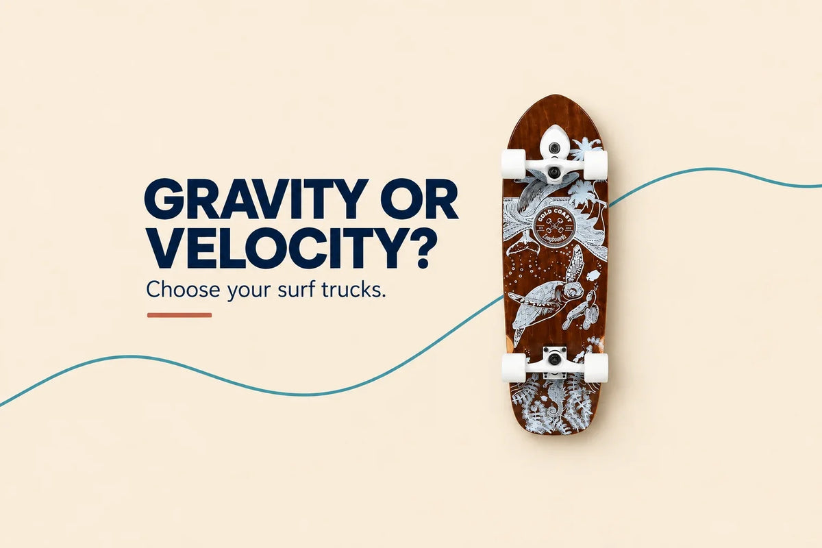Gravity or Velocity? Choose your surf trucks. AI-assisted editorial cover with a GCLB Wanderlust surf skate; not a mechanism comparison.