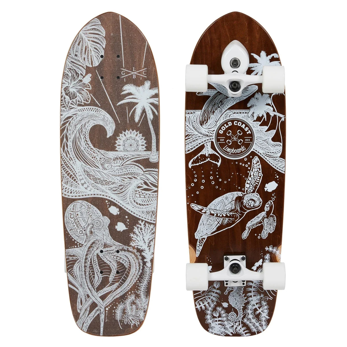 Original studio photograph showing the top and underside of a brown GCLB Wanderlust board with white artwork and wheels.