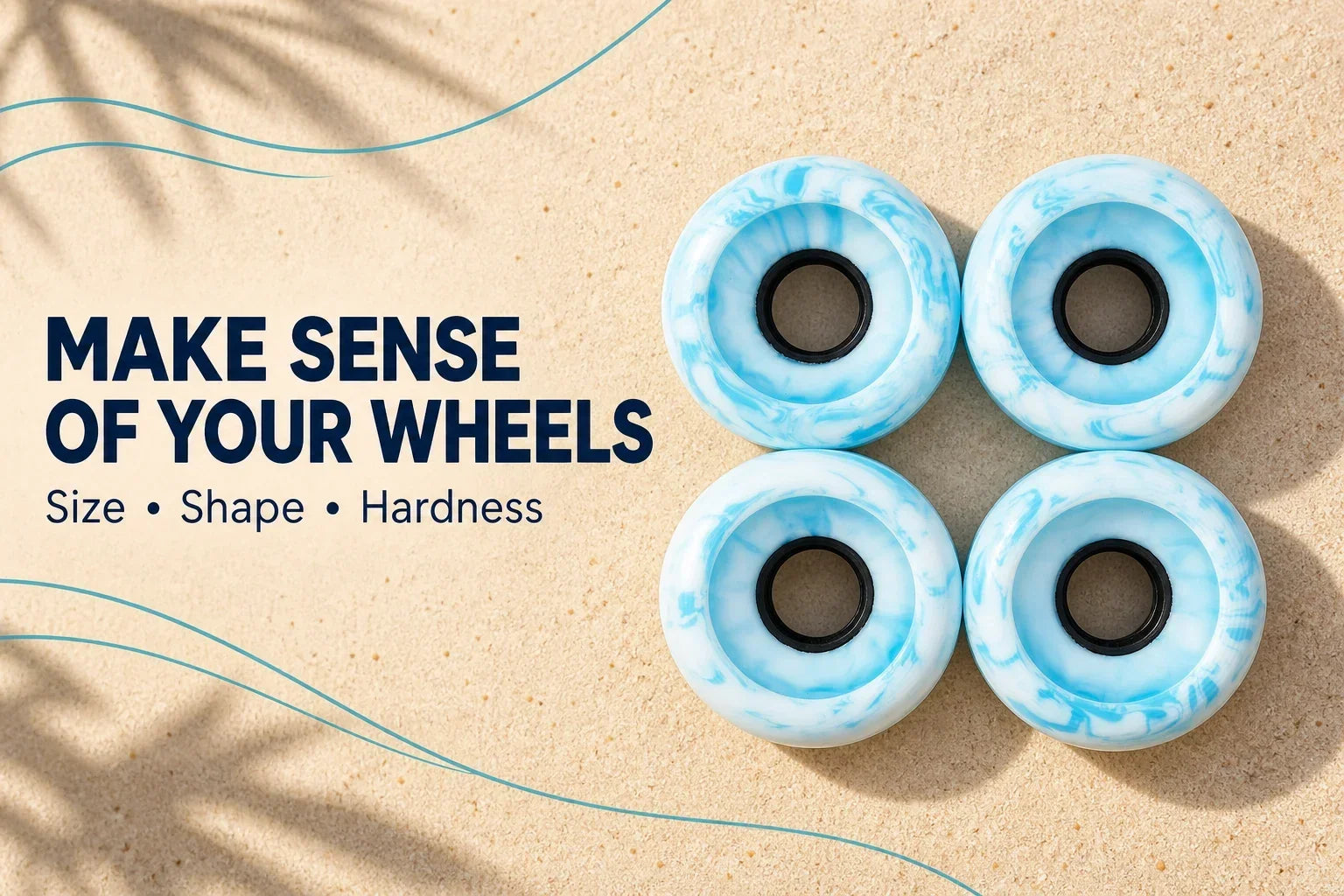 Make sense of your wheels: size, shape and hardness. AI-assisted editorial cover featuring four blue-and-white marbled GCLB wheels.