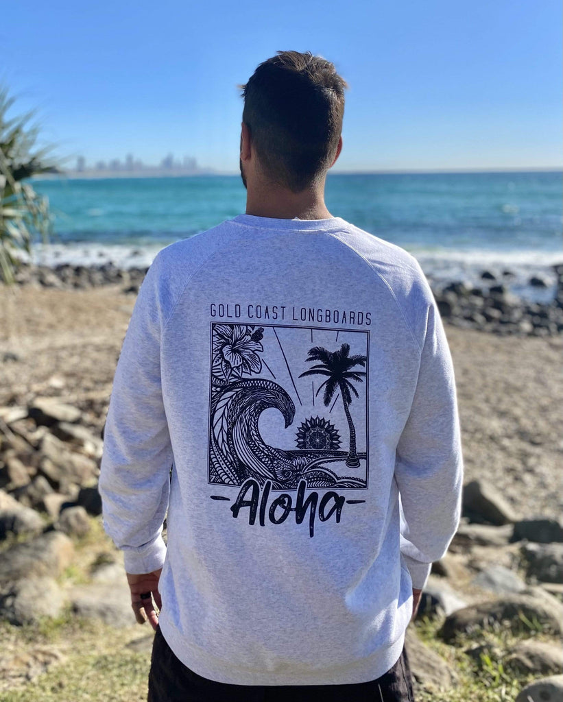 Gold Coast Longboards Shirts Aloha Crew Neck Jumper - Light Grey Merle